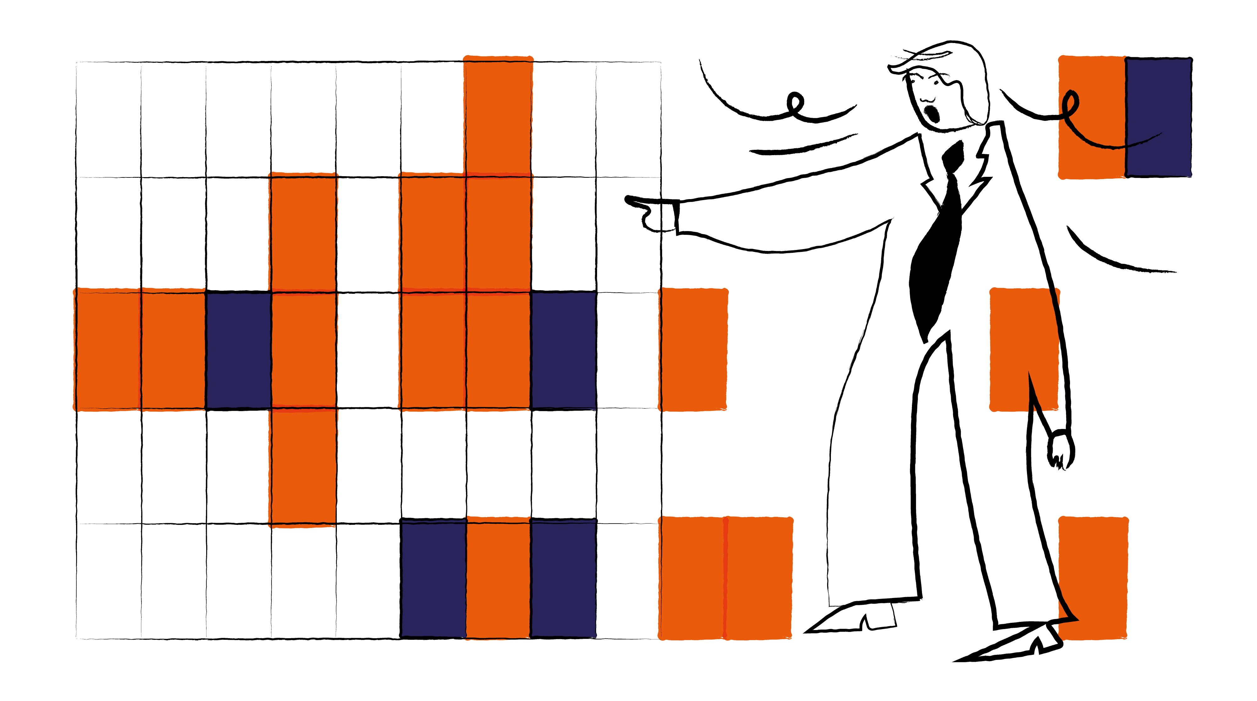 Ilustração de um homem apontando para um gráfico de colunas coloridas