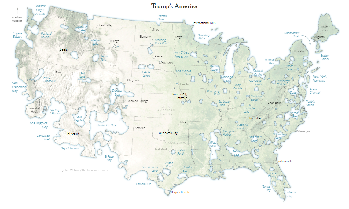 Mapa dos Estados Unidos formado por manchas verdes que representam apenas as áreas onde Hillary Clinton teve mais votos que Donald Trump, com o restante do território apagado em cinza claro