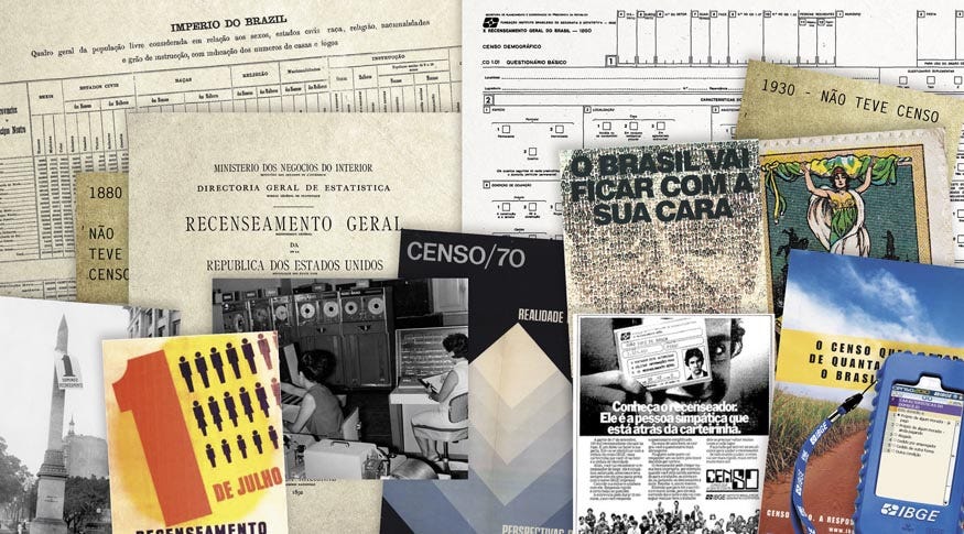 Colagem histórica de materiais dos censos demográficos brasileiros ao longo das décadas