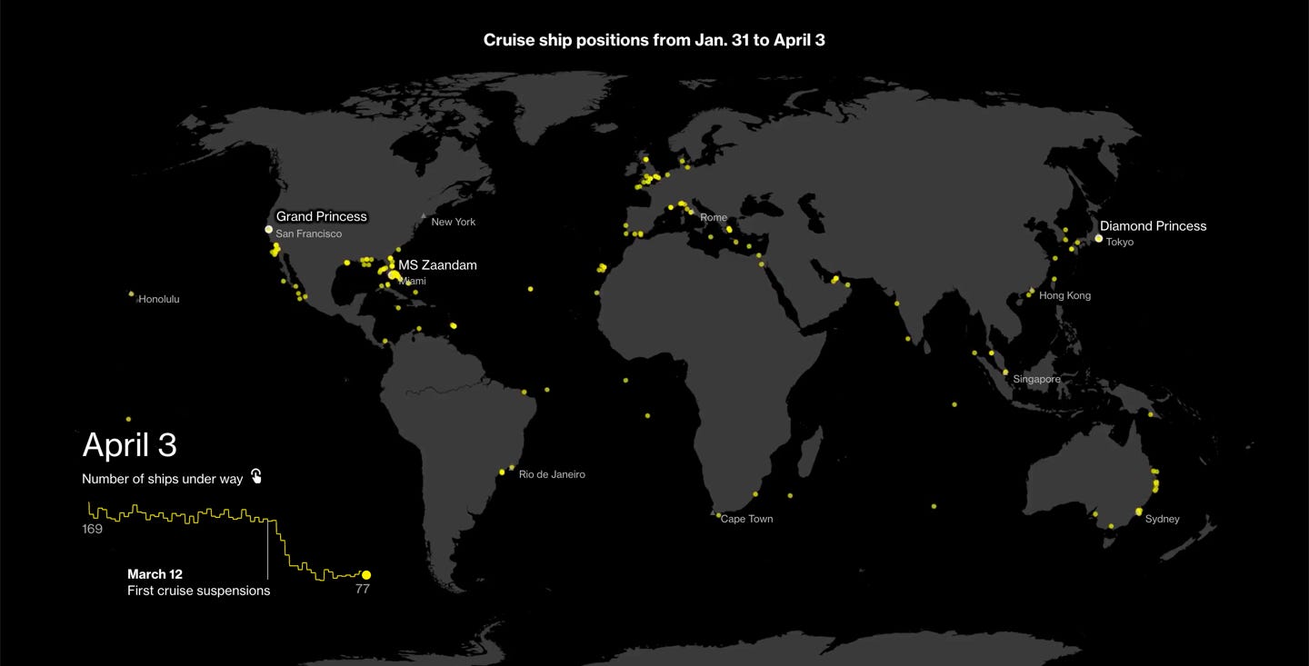 Mapa da Bloomberg com a posição dos navios de cruzeiro no mundo entre 31 de janeiro e 3 de abril de 2020
