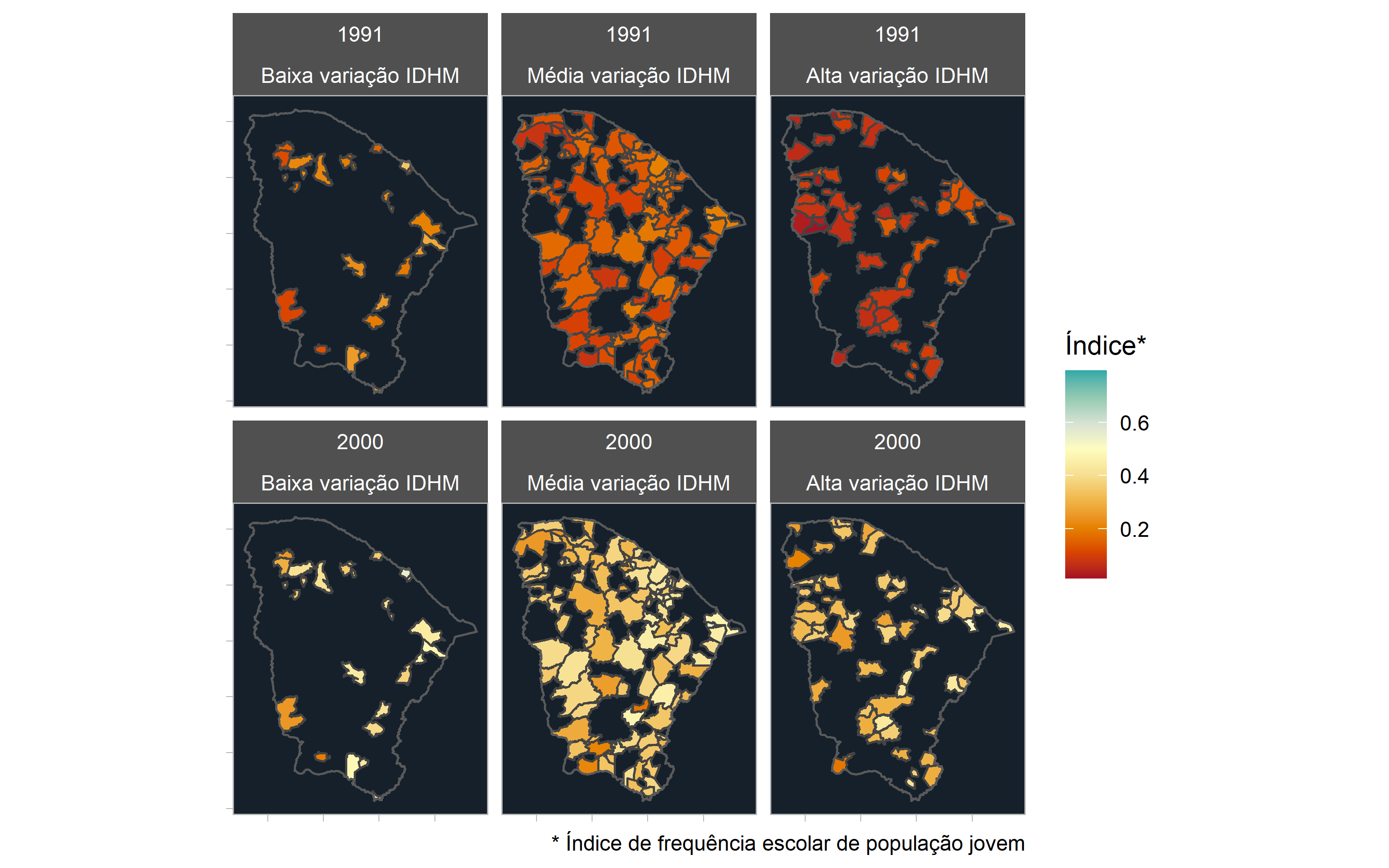 Mapas da variação do índice de frequência escolar dos jovens entre 1991 e 2000 nos municípios do Ceará