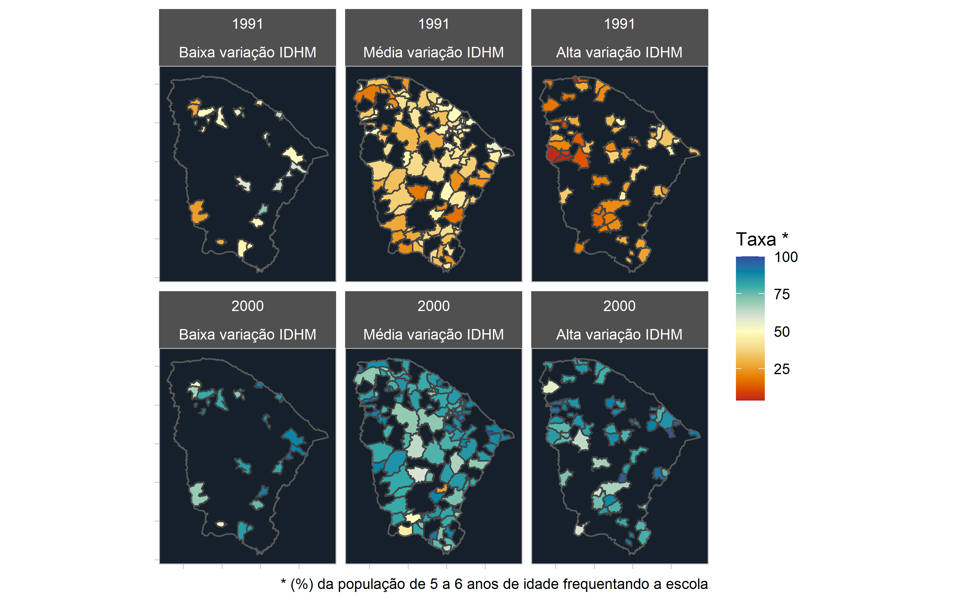 Mapas da taxa da população de 5 a 6 anos que frequenta a escola nos municípios do Ceará, 1991 e 2000