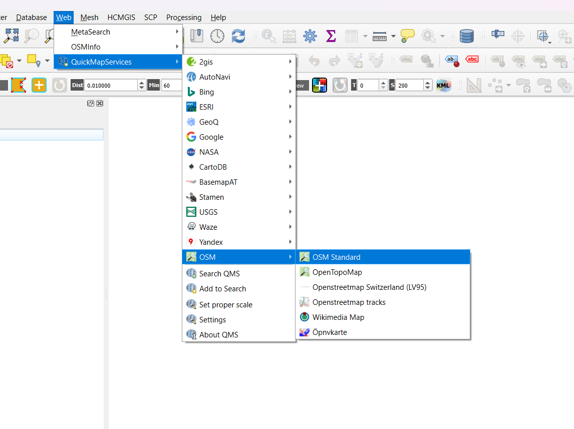 Menu Web do QGIS mostrando o caminho QuickMapServices > OSM > OSM Standard