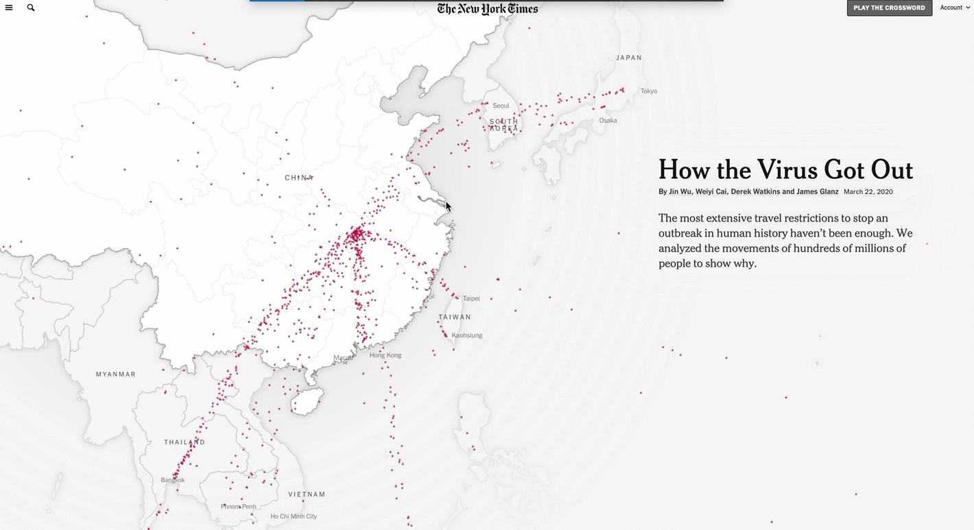 Animação do New York Times mostrando a disseminação global do vírus a partir de Wuhan antes do fechamento da cidade