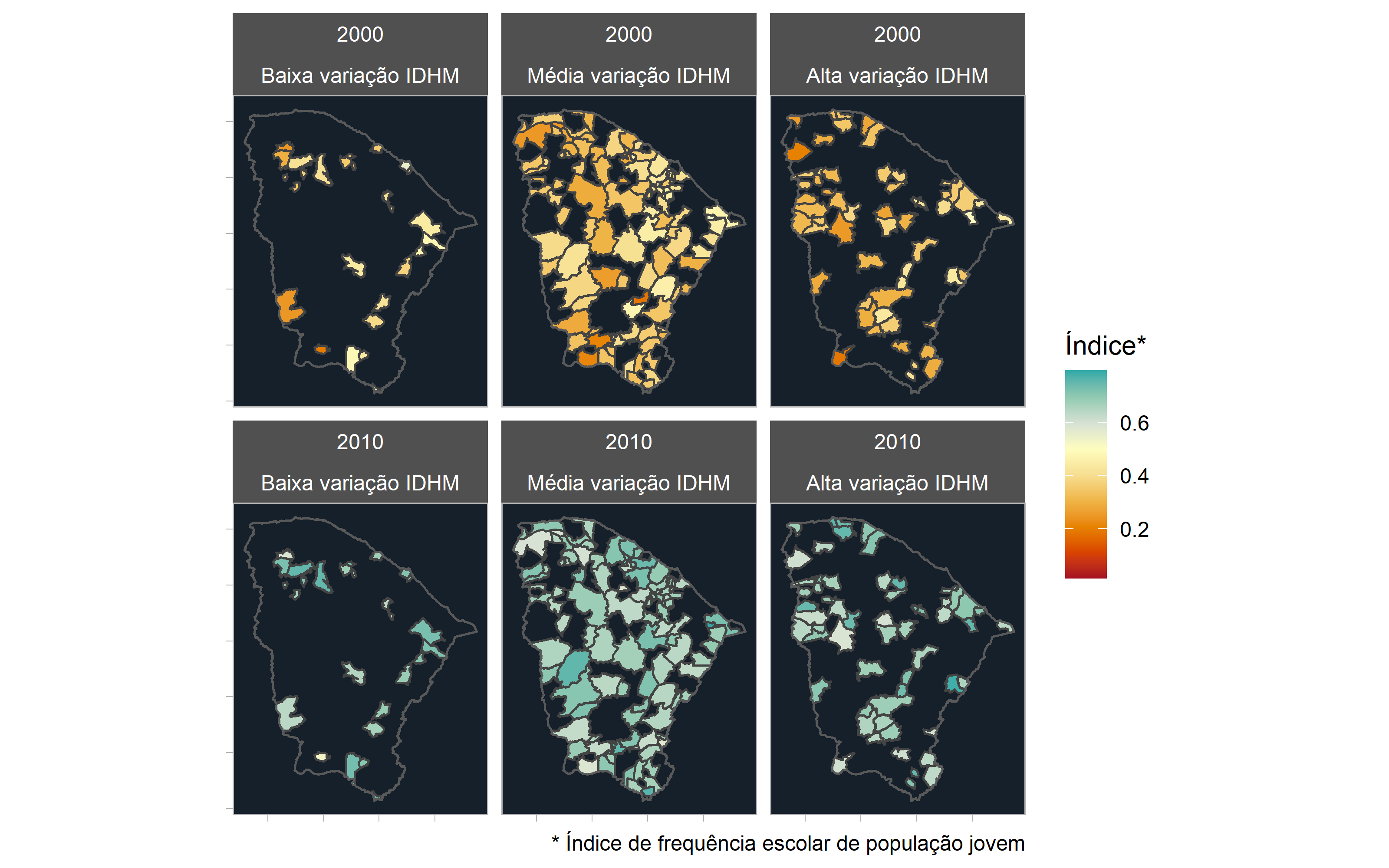 Mapas do índice de frequência escolar dos jovens nos municípios do Ceará, 2000 e 2010