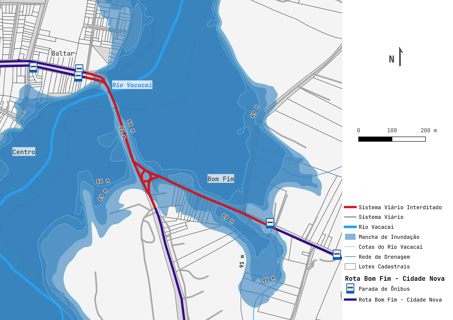 Mapa da rota de ônibus Bom Fim — Cidade Nova afetada pela interdição da ponte