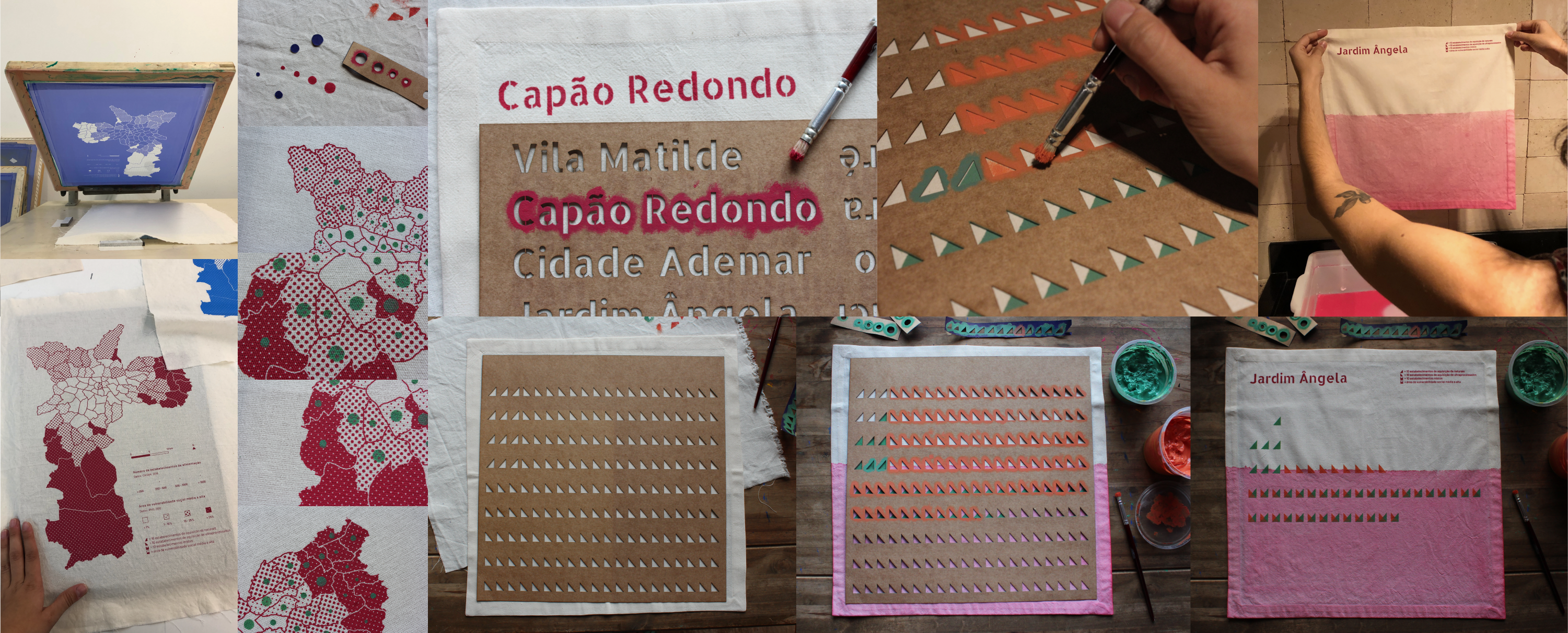 Colagem de fotos da produção de protótipos em serigrafia, imersão e stencil