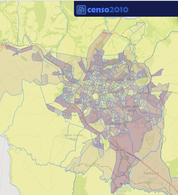 Mapa com polígonos representando setores censitários do IBGE